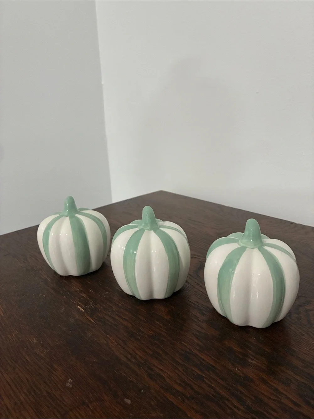 NWT- Set of 3- White & Mint Green Stripe Ceramic Pumpkins